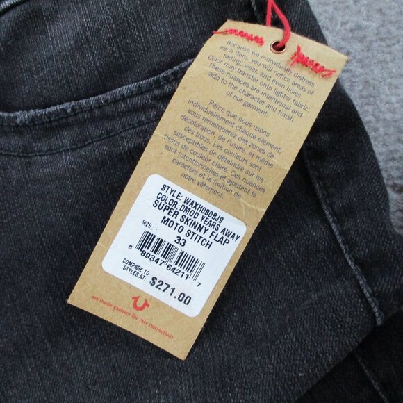NWT True Religion Jeans Womens 33 Black Denim Super Skinny Moto Stretch Flap - Picture 9 of 14